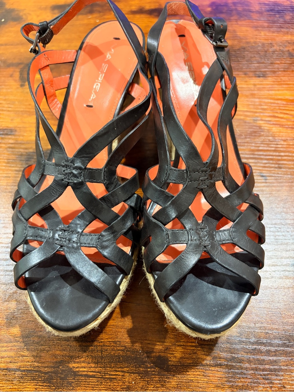 Via Spiga Black Strappy Wedge Sandals with Orange Insole